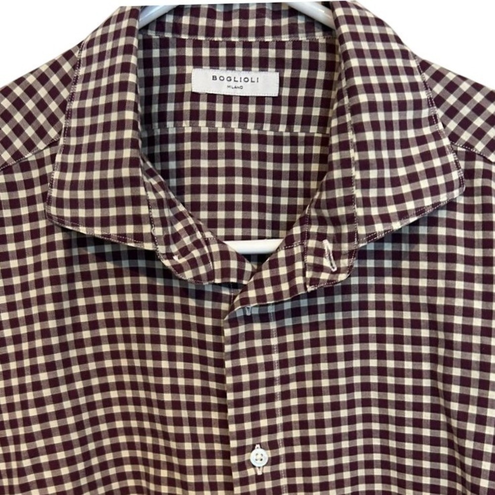 Boglioli Milano Gingham Dress Shirt 41 16 Men's Burgundy White Check Button Down
